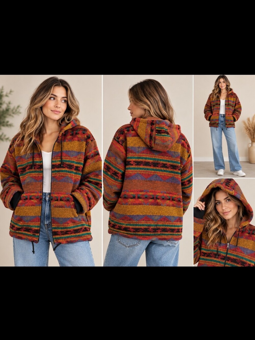 Vintage Aztec Hippie  Y2k Multicolor Hooded Zip Sweater – Red, Mustard, Green